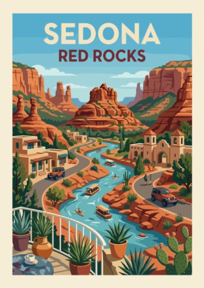 Stylized art print of Sedona's red rocks, river, and buildings in a Southwestern landscape.