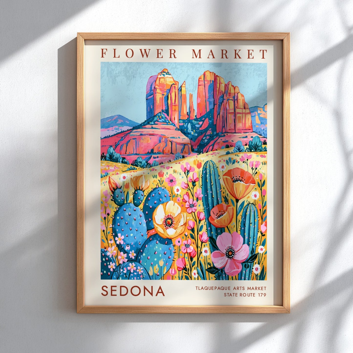 Flower market poster showcasing Sedona's colorful landscape with wildflowers and rock formations