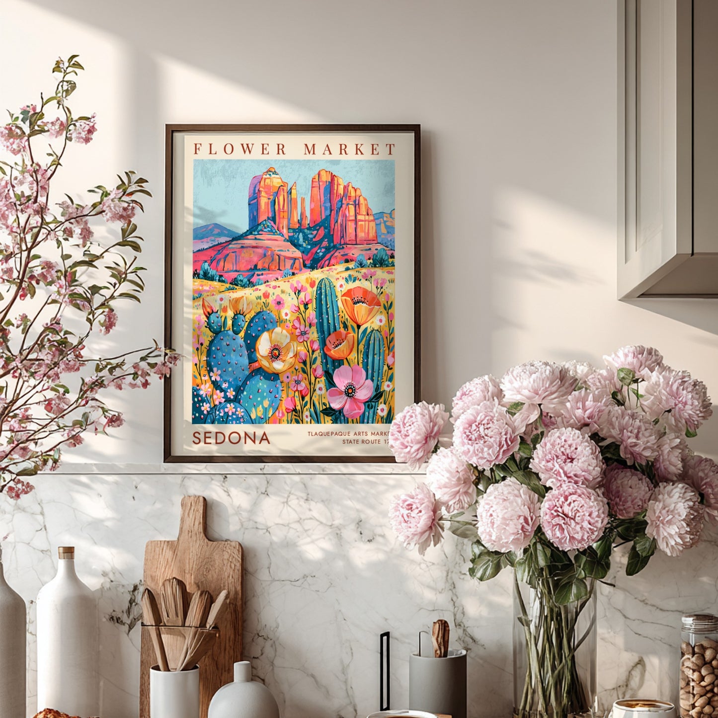 Flower market poster showcasing Sedona's colorful landscape with wildflowers and rock formations