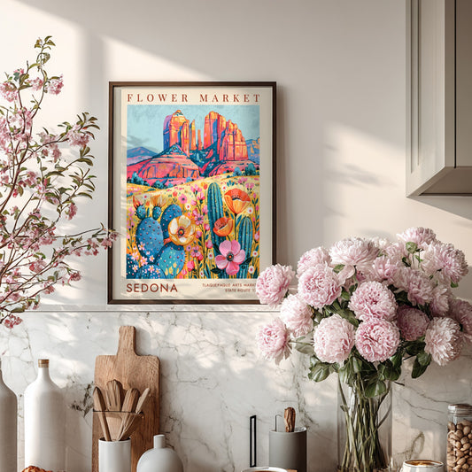 Flower market poster showcasing Sedona's colorful landscape with wildflowers and rock formations