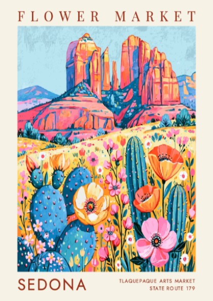 Flower market poster showcasing Sedona's colorful landscape with wildflowers and rock formations