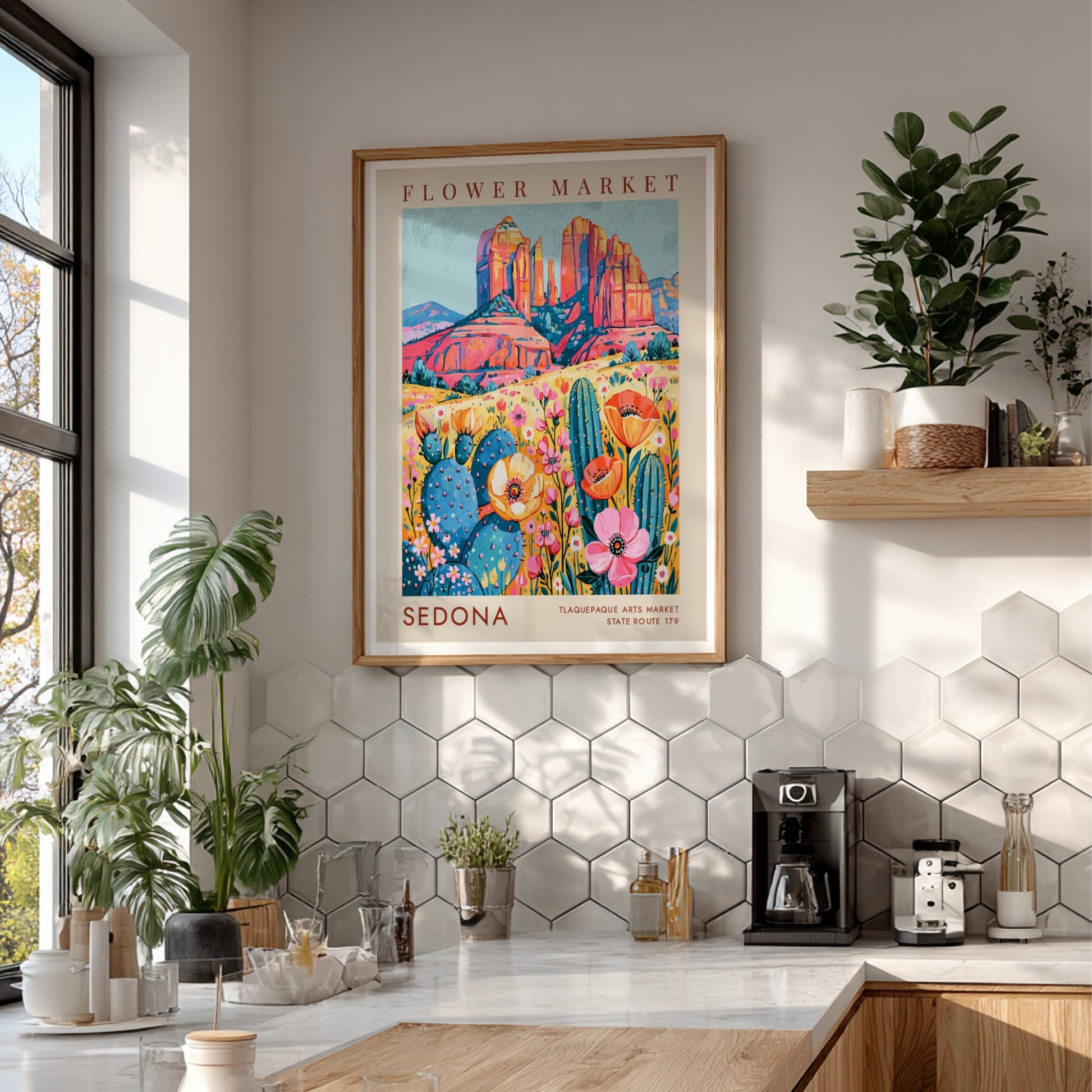 Flower market poster showcasing Sedona's colorful landscape with wildflowers and rock formations