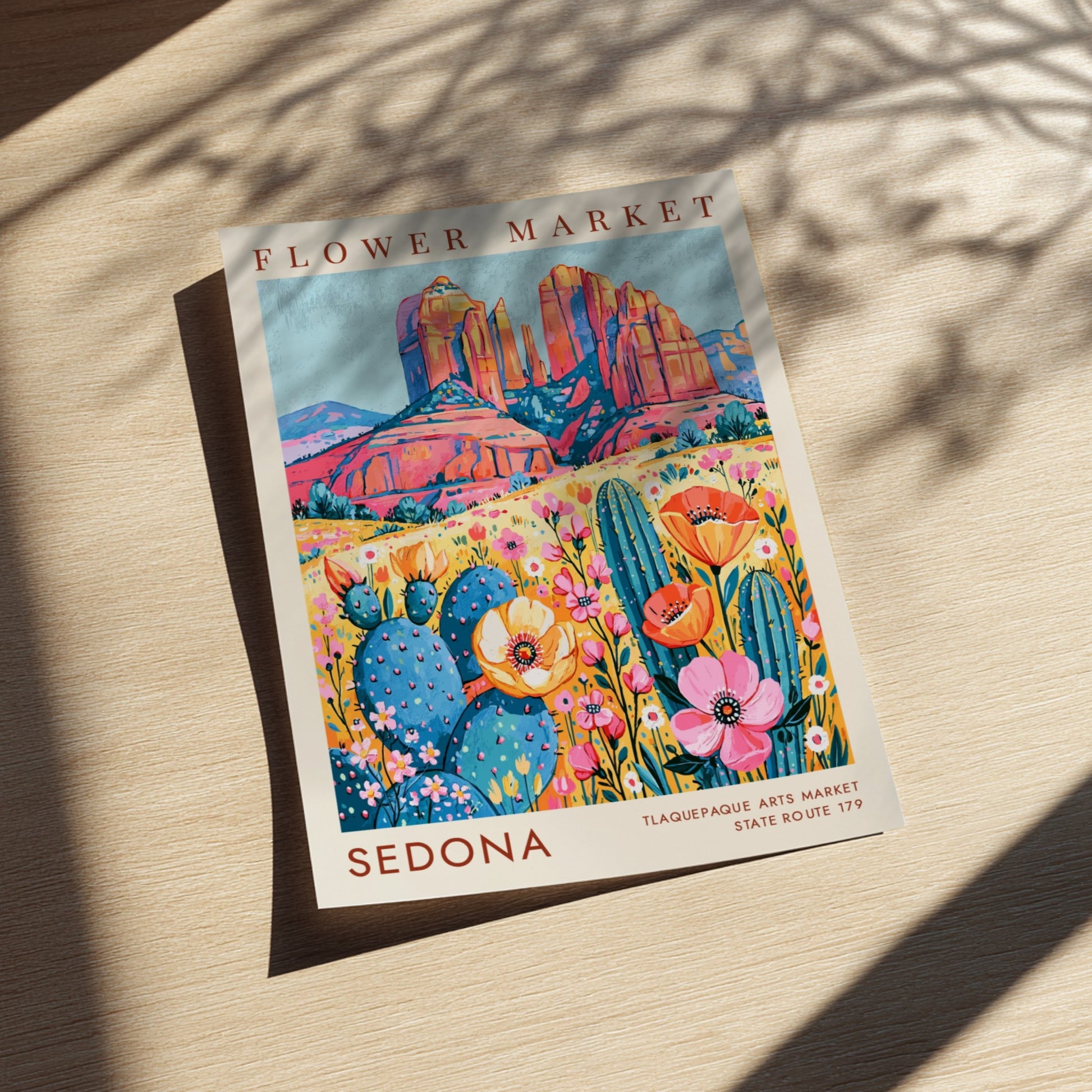 Flower market poster showcasing Sedona's colorful landscape with wildflowers and rock formations