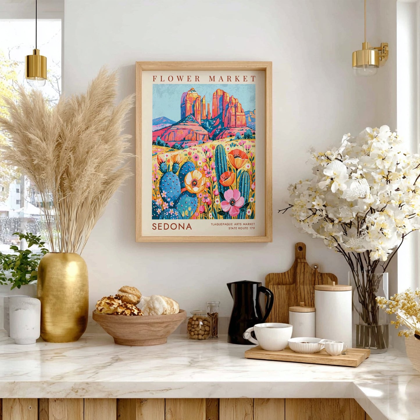 Flower market poster showcasing Sedona's colorful landscape with wildflowers and rock formations