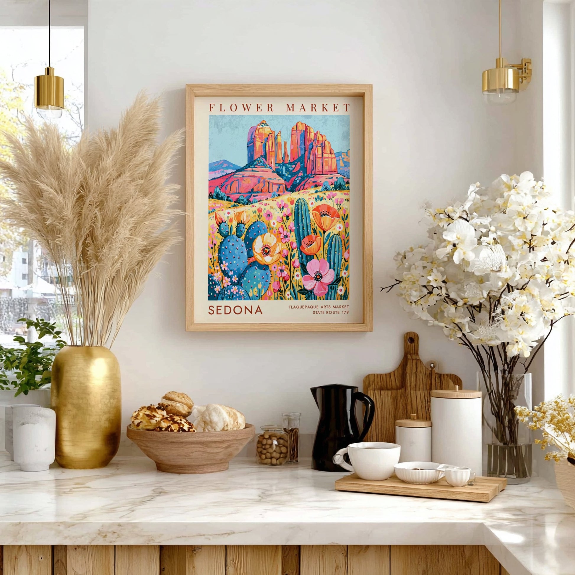 Flower market poster showcasing Sedona's colorful landscape with wildflowers and rock formations