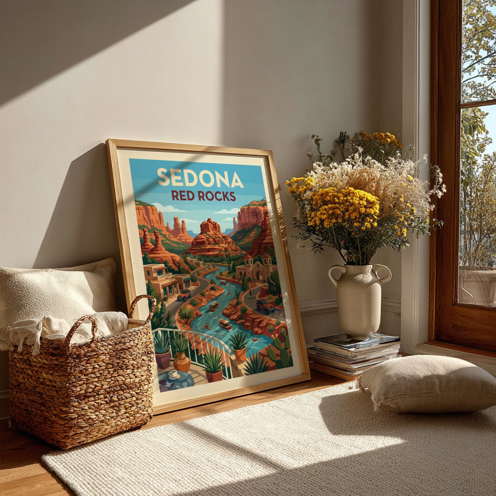 Stylized art print of Sedona's red rocks, river, and buildings in a Southwestern landscape.