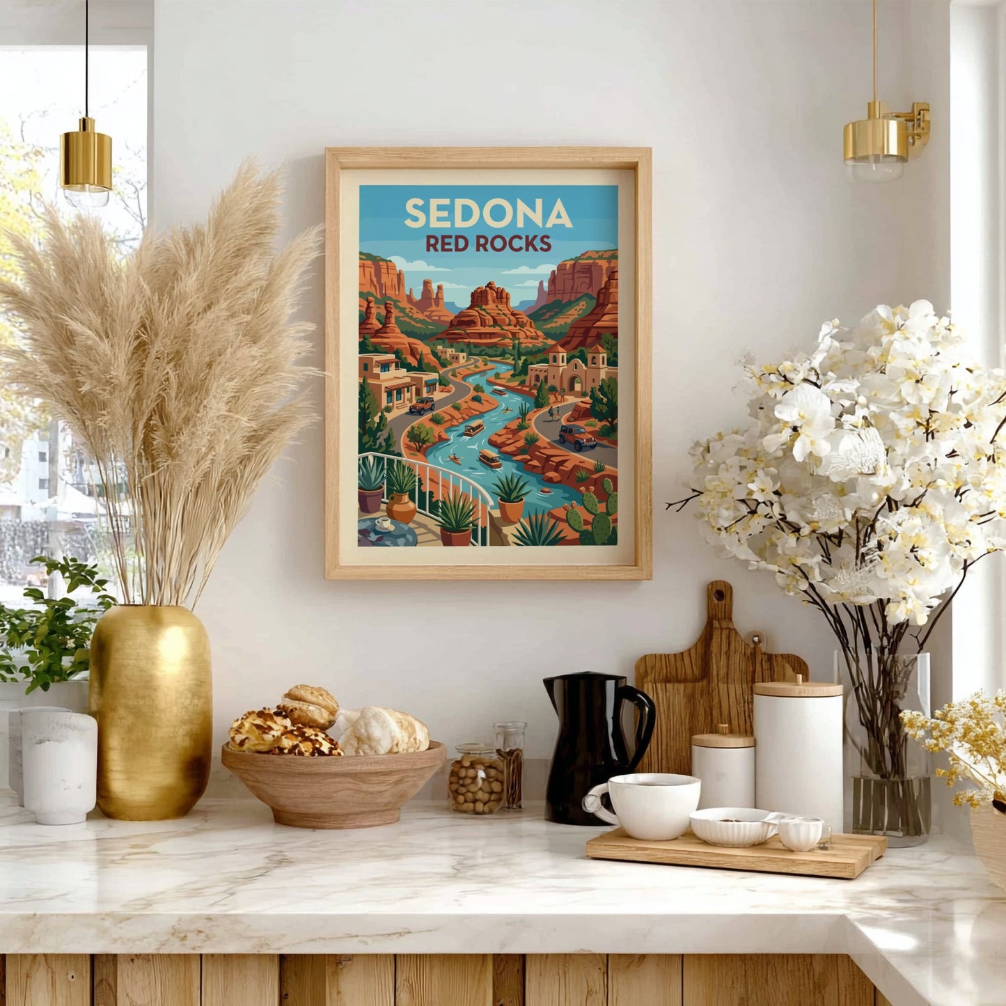 Stylized art print of Sedona's red rocks, river, and buildings in a Southwestern landscape.