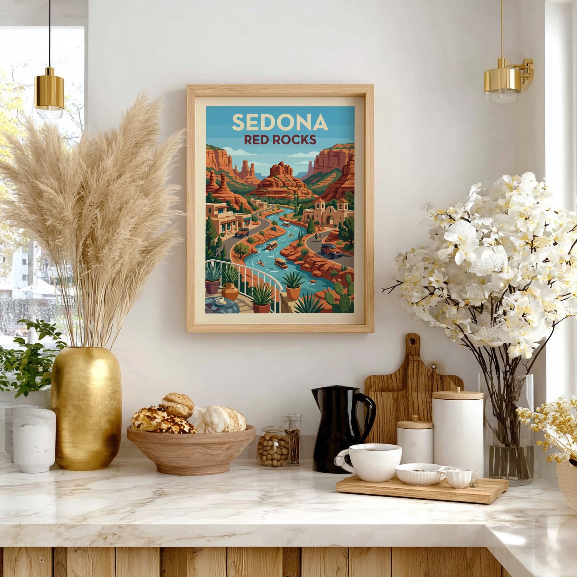 Stylized art print of Sedona's red rocks, river, and buildings in a Southwestern landscape.