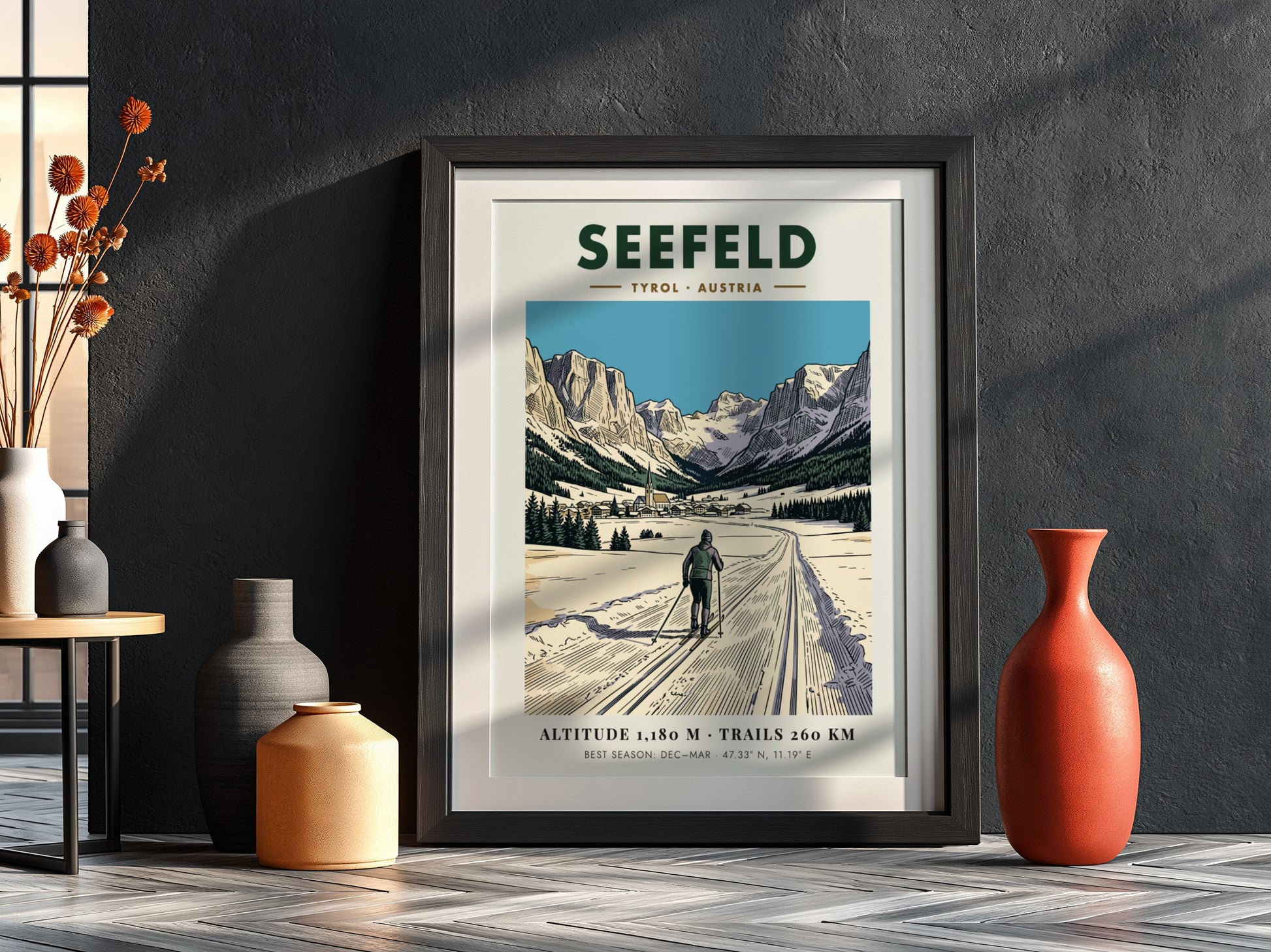 Poster of a cross-country skier on a snowy trail in Seefeld Tyrol Austria.