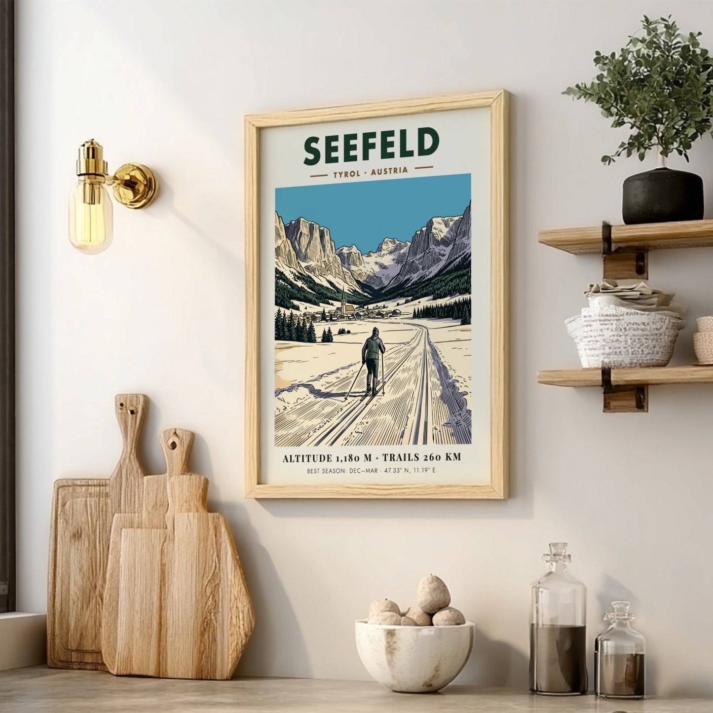 Poster of a cross-country skier on a snowy trail in Seefeld Tyrol Austria.