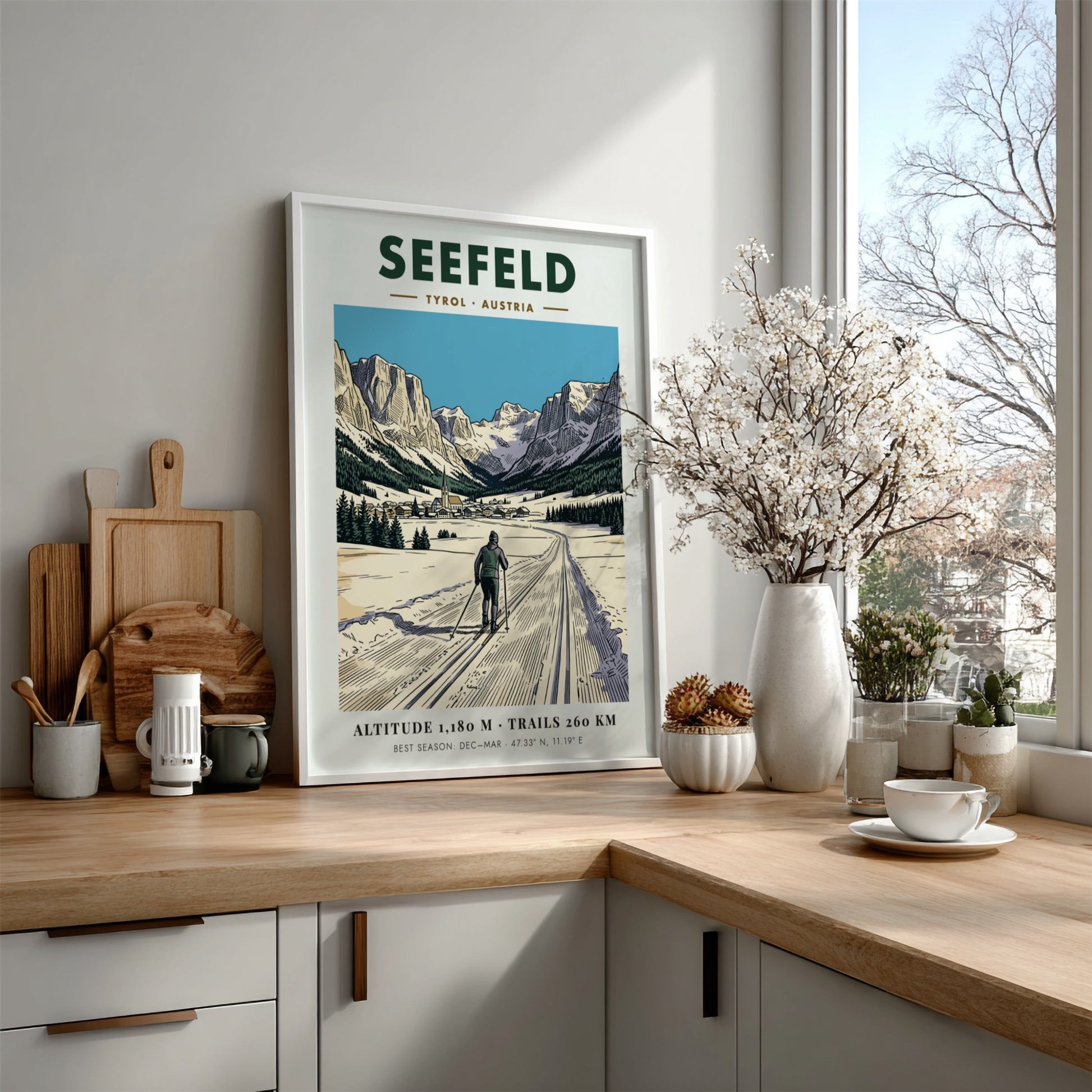 Poster of a cross-country skier on a snowy trail in Seefeld Tyrol Austria.