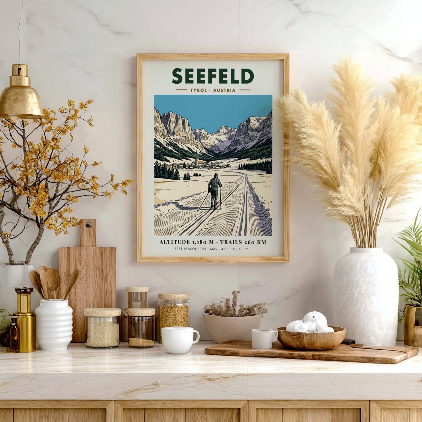 Poster of a cross-country skier on a snowy trail in Seefeld Tyrol Austria.
