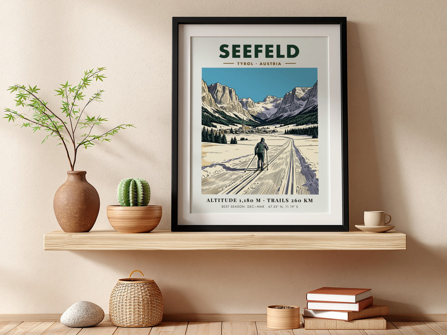 Poster of a cross-country skier on a snowy trail in Seefeld Tyrol Austria.