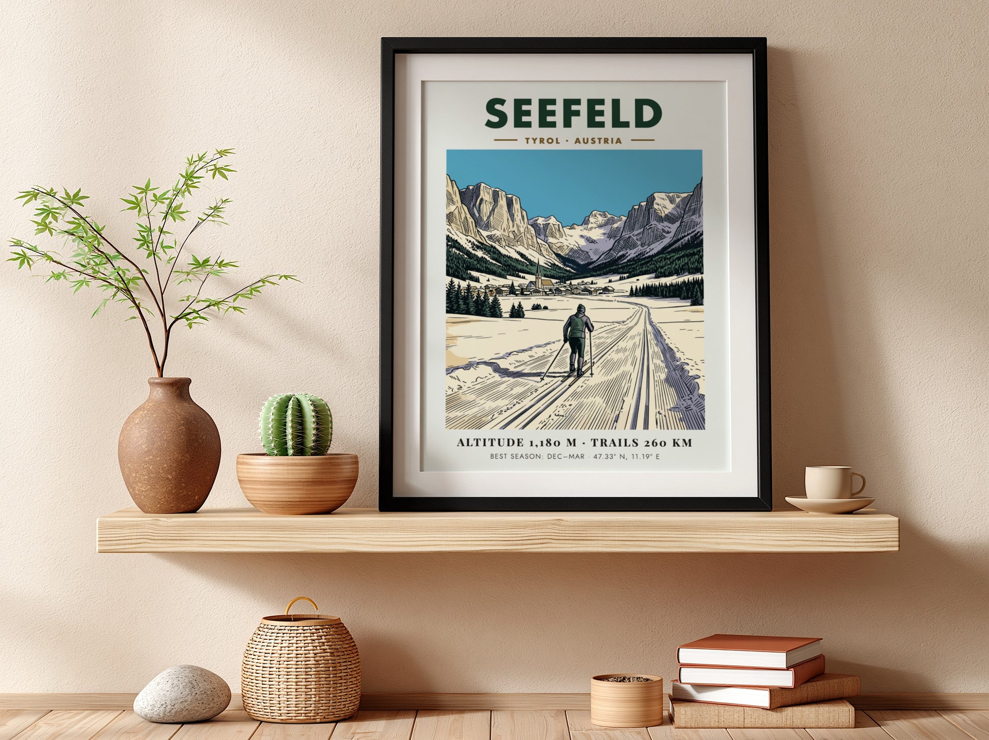 Poster of a cross-country skier on a snowy trail in Seefeld Tyrol Austria.
