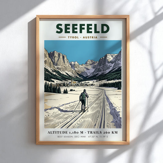 Poster of a cross-country skier on a snowy trail in Seefeld Tyrol Austria.