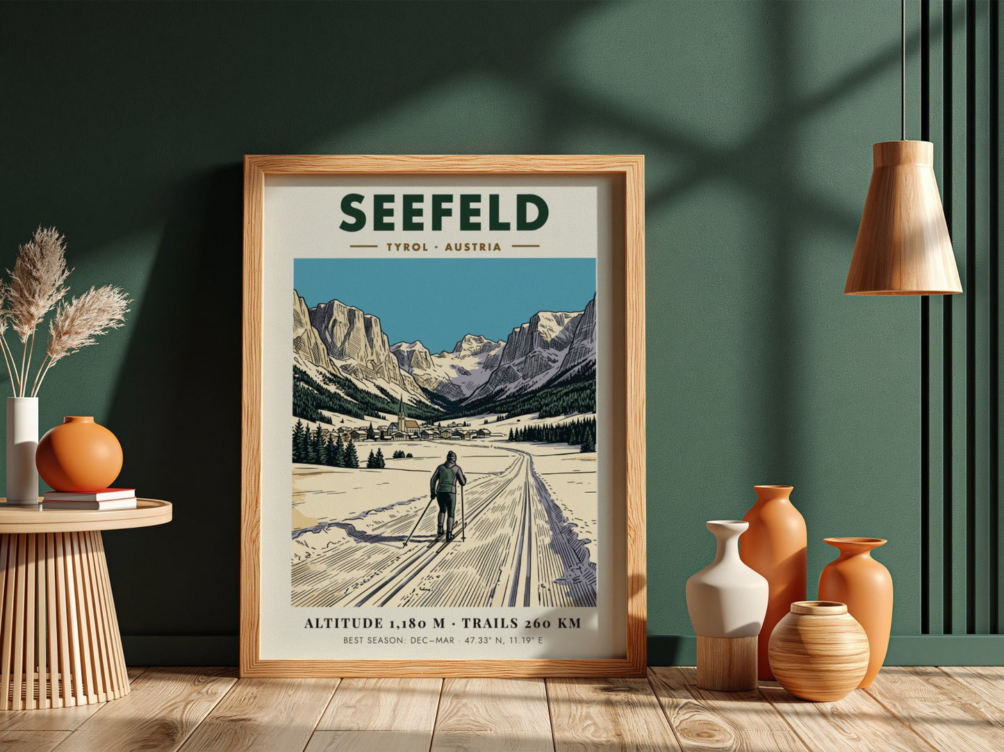 Poster of a cross-country skier on a snowy trail in Seefeld Tyrol Austria.