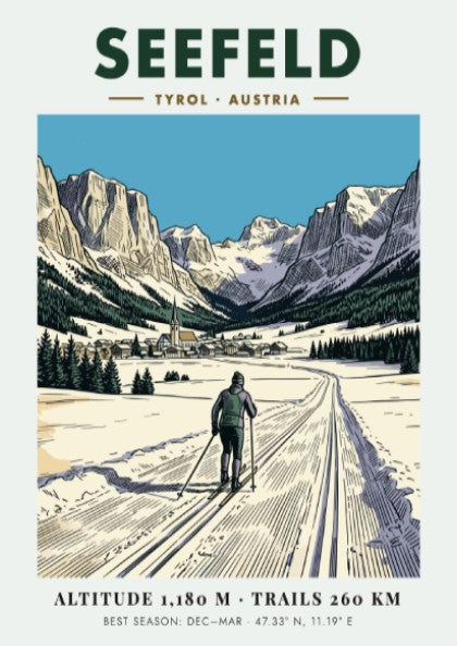 Poster of a cross-country skier on a snowy trail in Seefeld Tyrol Austria.