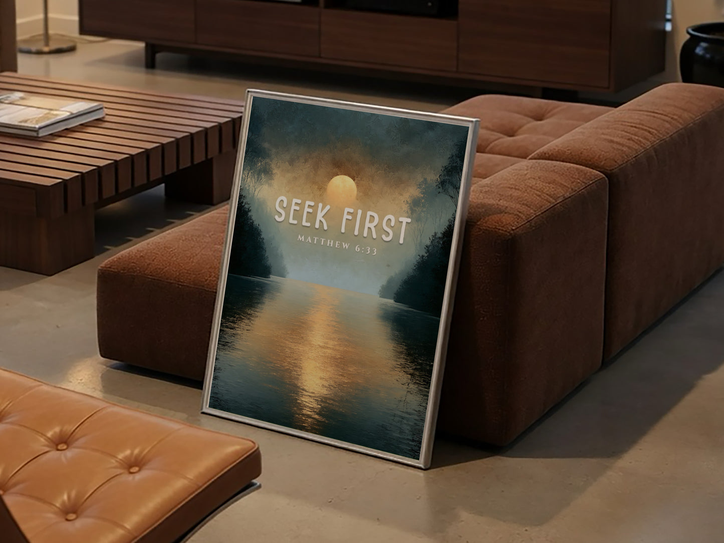 Seek First poster with serene landscape and Matthew 6:33 verse, inspirational wall art in soft colors