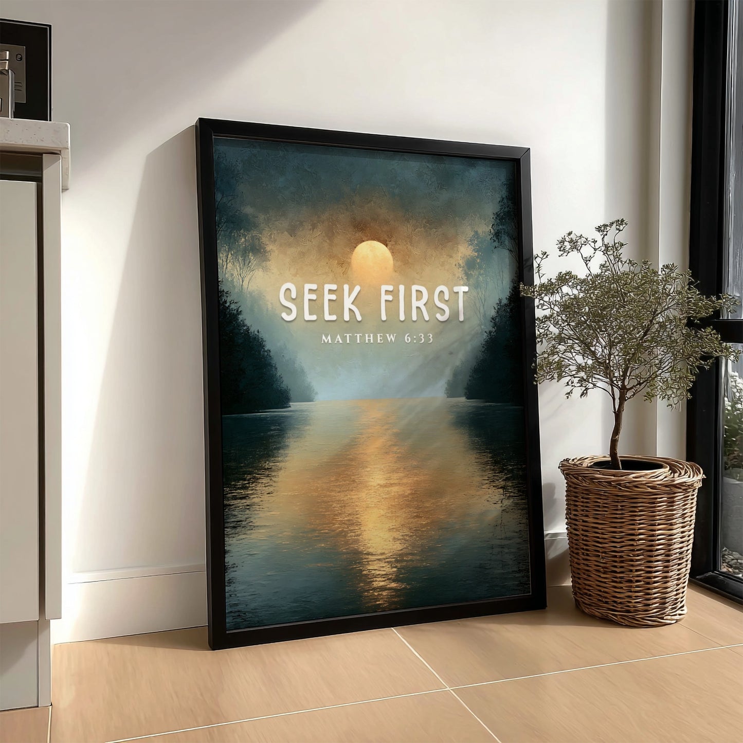 Seek First poster with serene landscape and Matthew 6:33 verse, inspirational wall art in soft colors