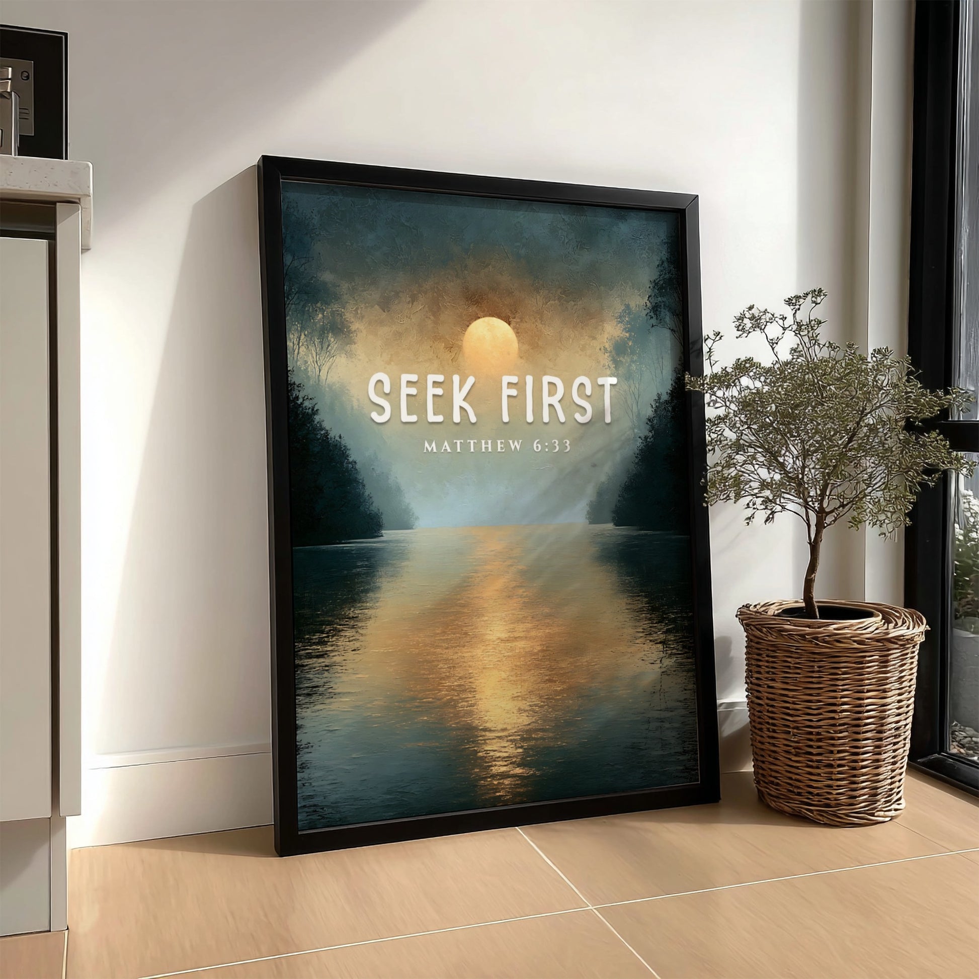 Seek First poster with serene landscape and Matthew 6:33 verse, inspirational wall art in soft colors