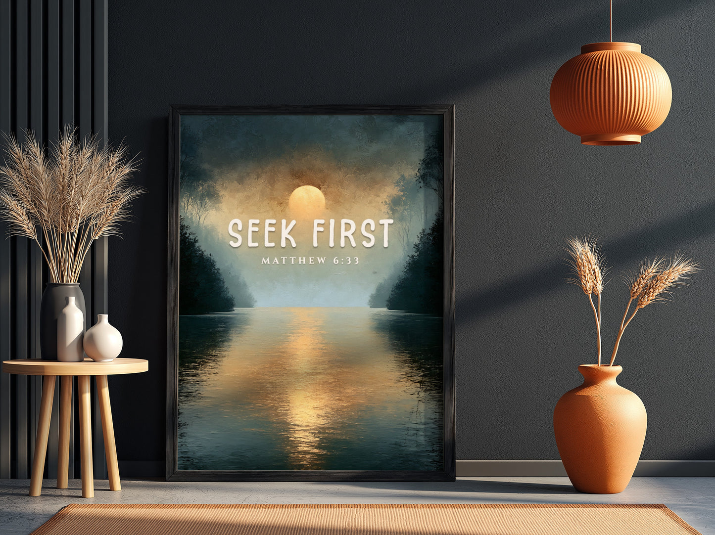 Seek First poster with serene landscape and Matthew 6:33 verse, inspirational wall art in soft colors