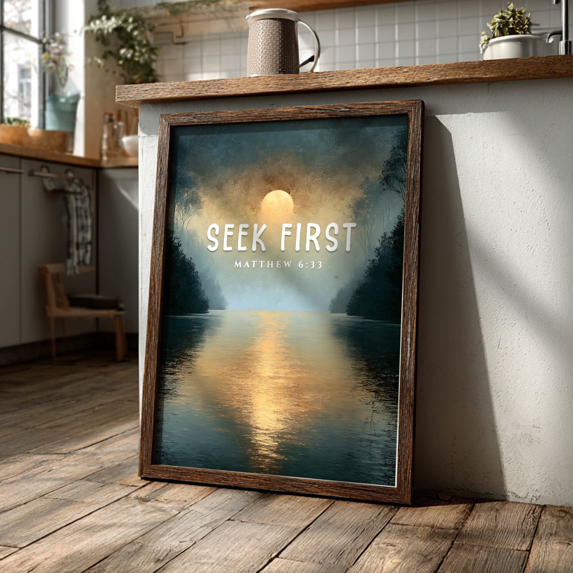 Seek First poster with serene landscape and Matthew 6:33 verse, inspirational wall art in soft colors