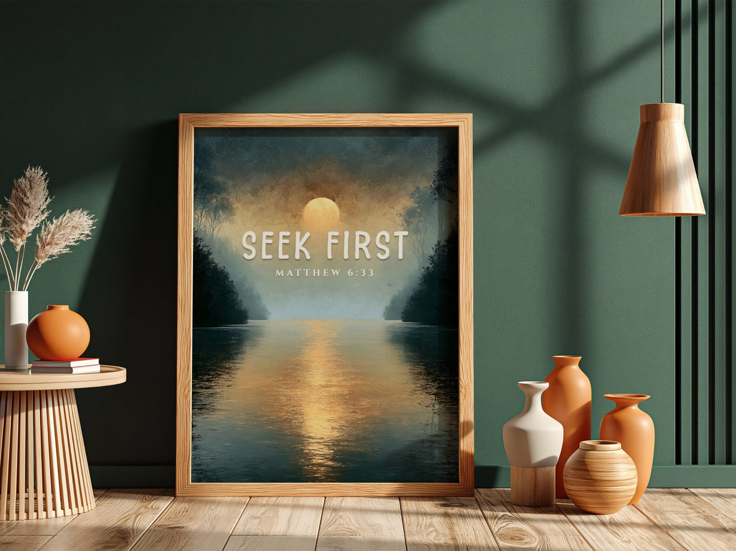 Seek First poster with serene landscape and Matthew 6:33 verse, inspirational wall art in soft colors