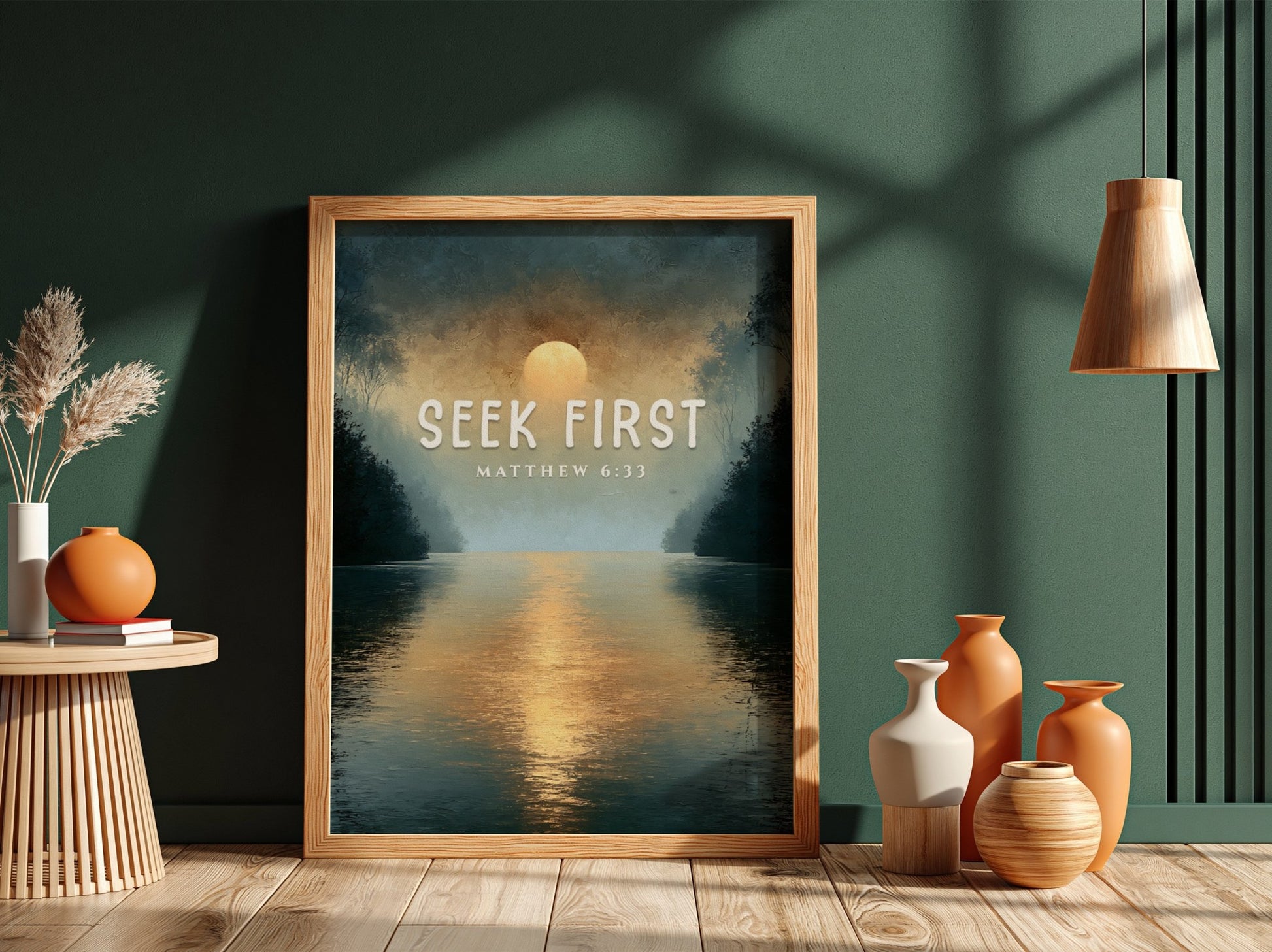 Seek First poster with serene landscape and Matthew 6:33 verse, inspirational wall art in soft colors