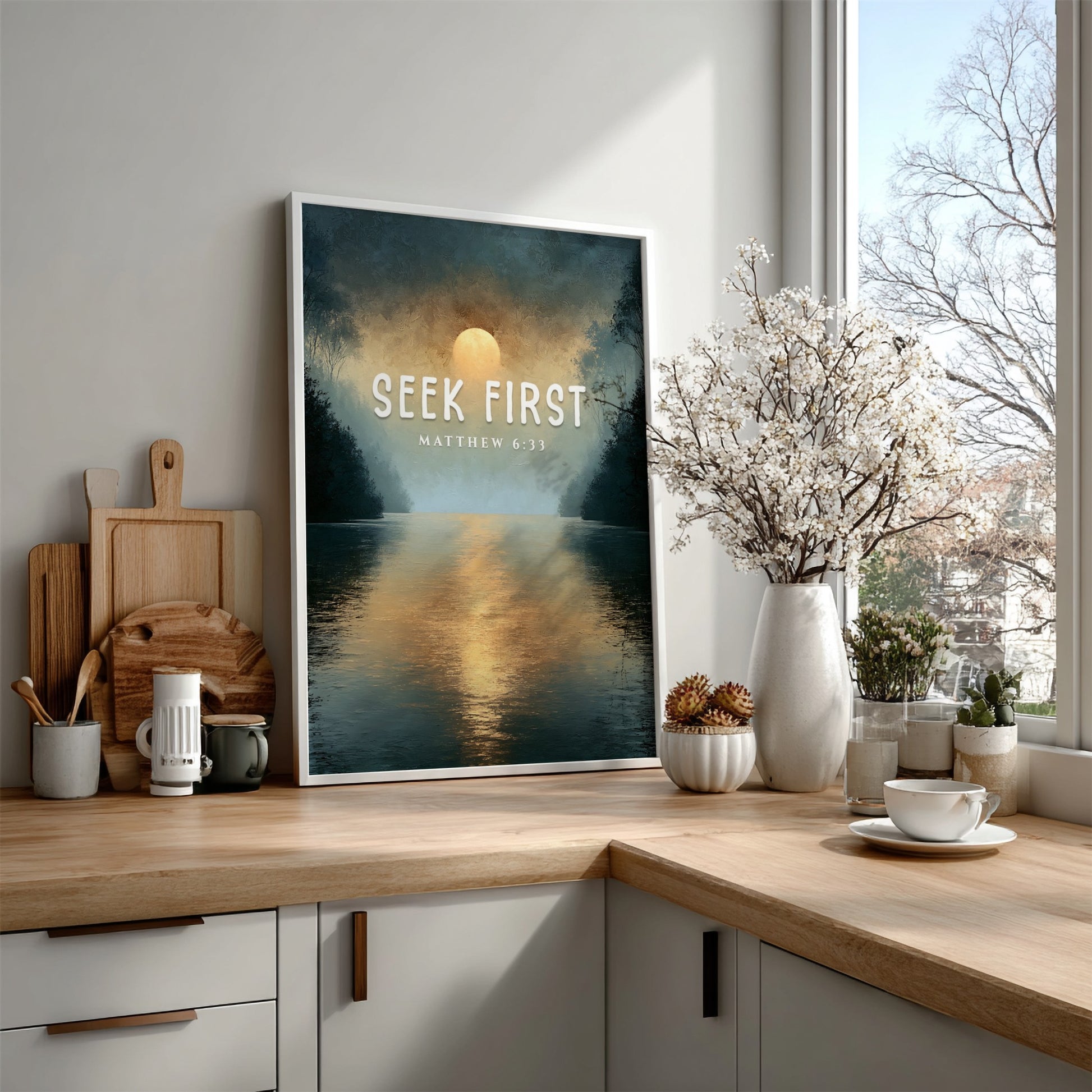 Seek First poster with serene landscape and Matthew 6:33 verse, inspirational wall art in soft colors