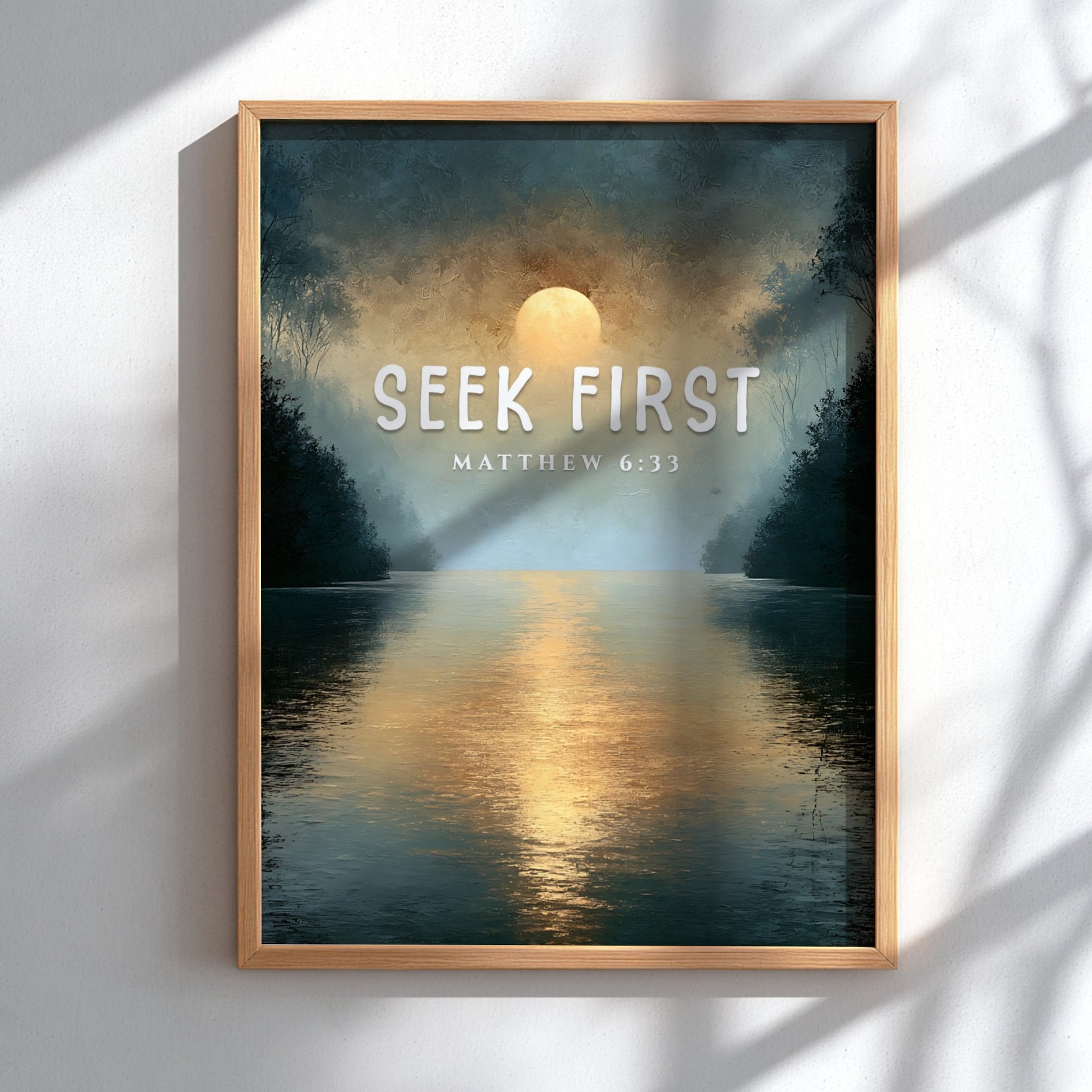 Seek First poster with serene landscape and Matthew 6:33 verse, inspirational wall art in soft colors