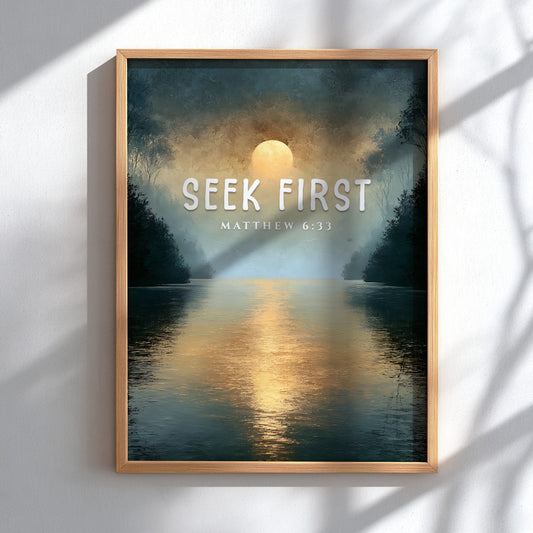 Seek First poster with serene landscape and Matthew 6:33 verse, inspirational wall art in soft colors