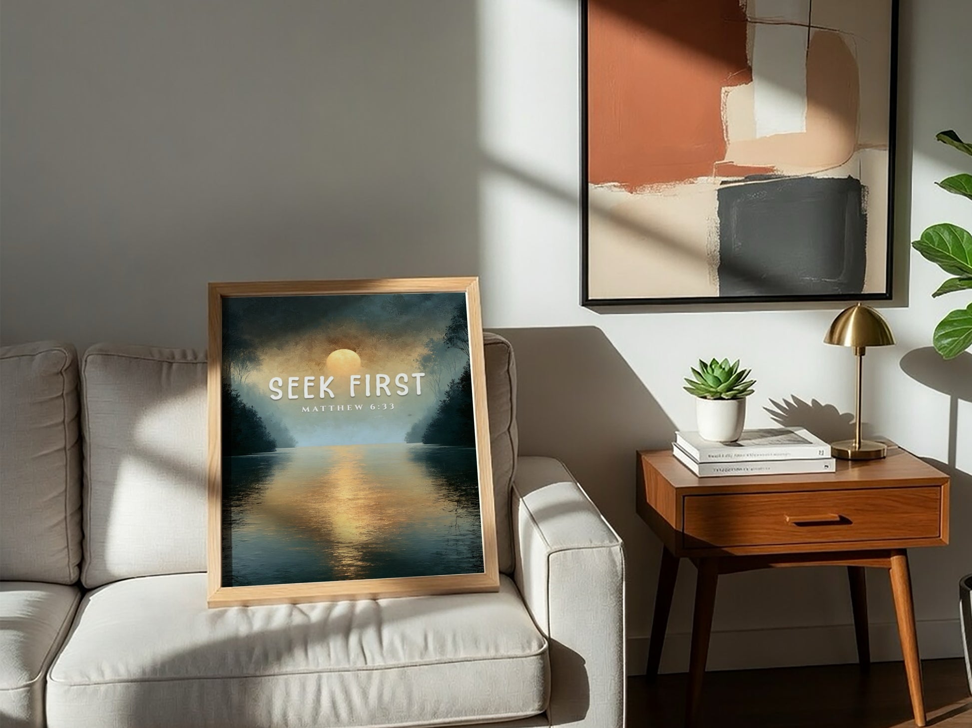 Seek First poster with serene landscape and Matthew 6:33 verse, inspirational wall art in soft colors