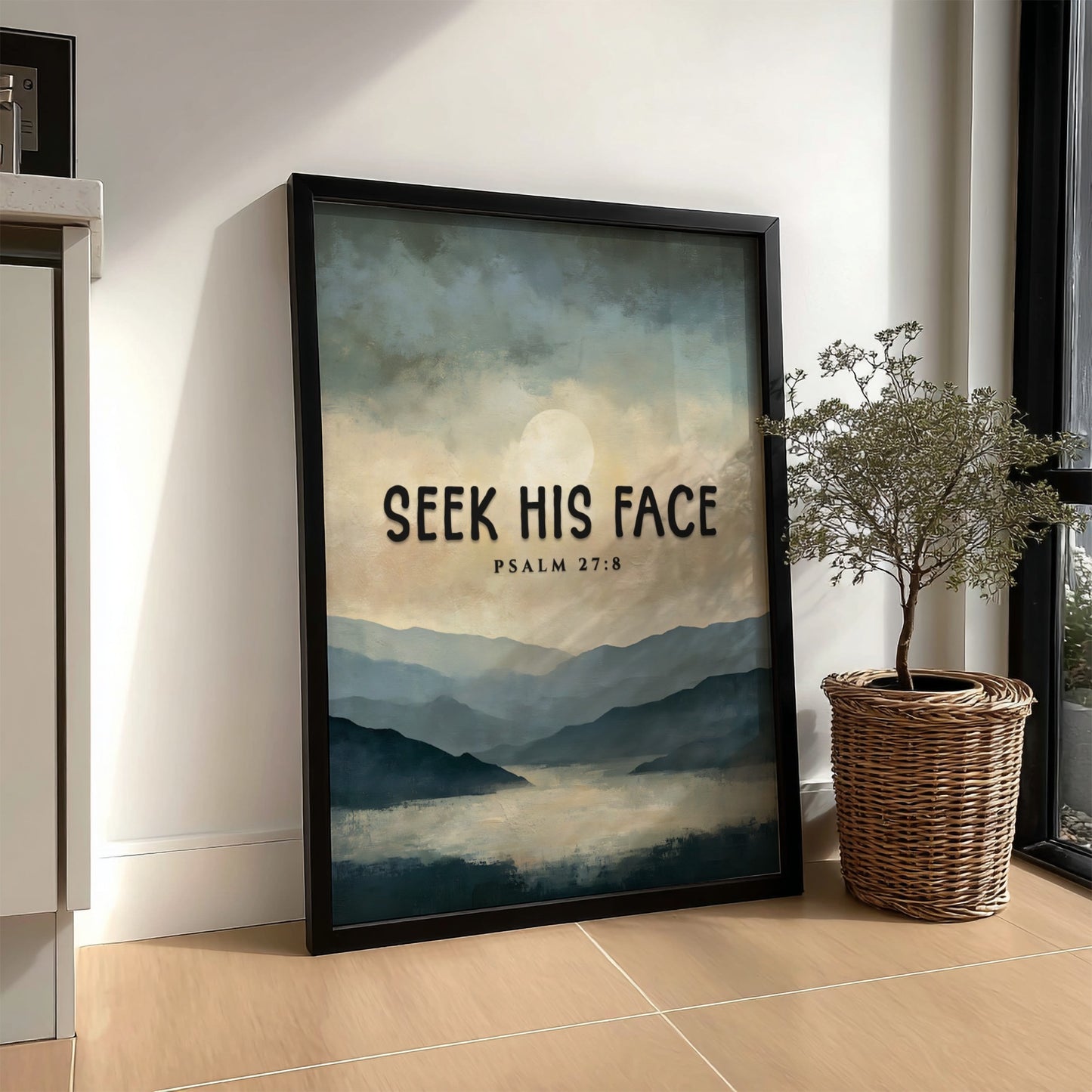 Seek His Face poster featuring a tranquil landscape in soft blue and gray tones with Psalm 27:8 for
