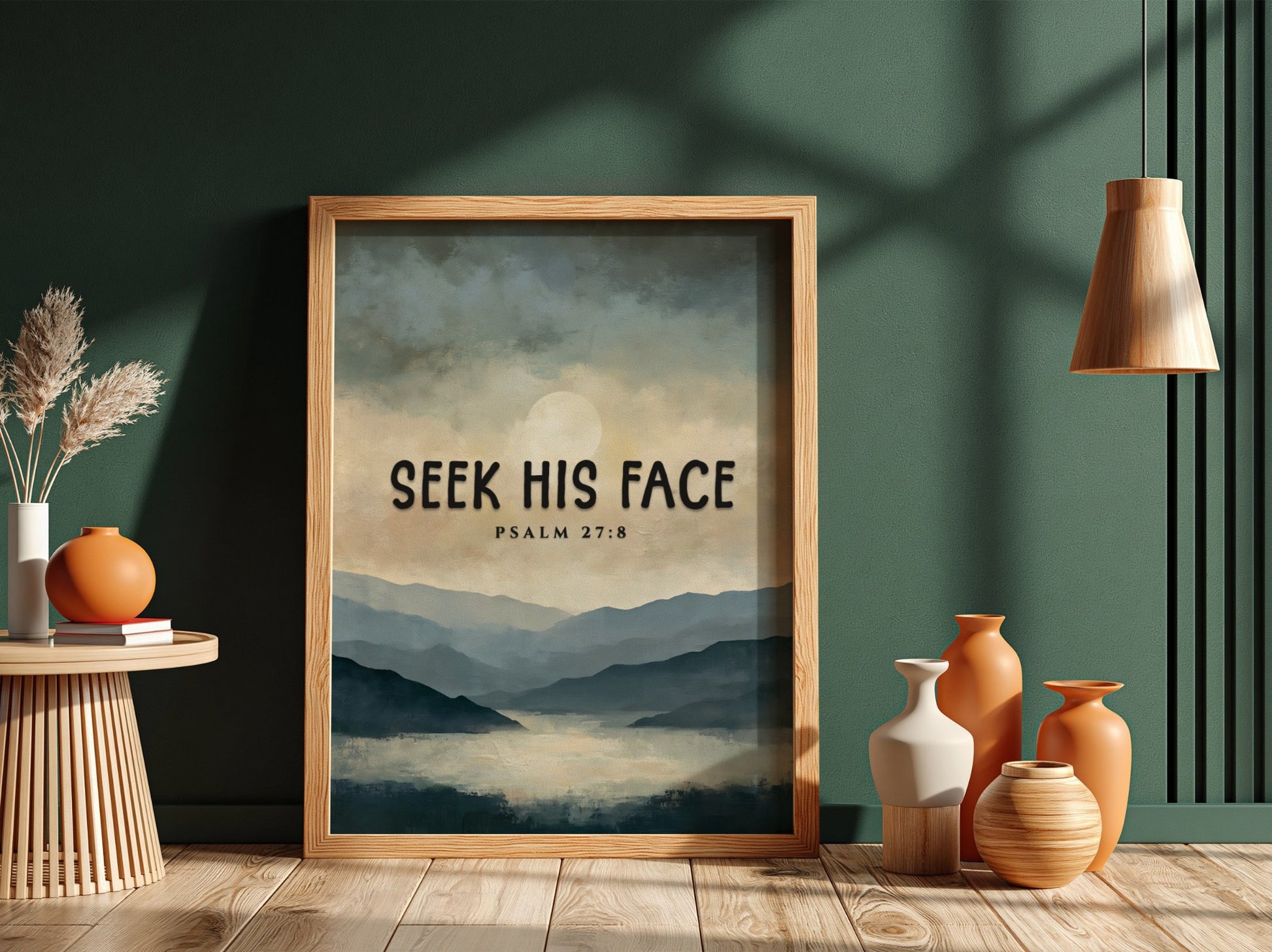 Seek His Face poster featuring a tranquil landscape in soft blue and gray tones with Psalm 27:8 for
