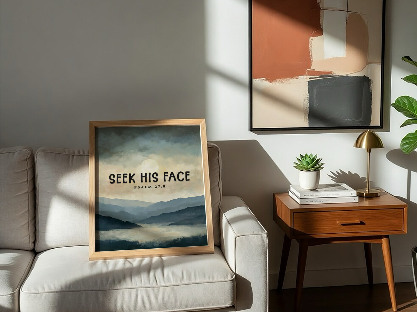 Seek His Face poster featuring a tranquil landscape in soft blue and gray tones with Psalm 27:8 for