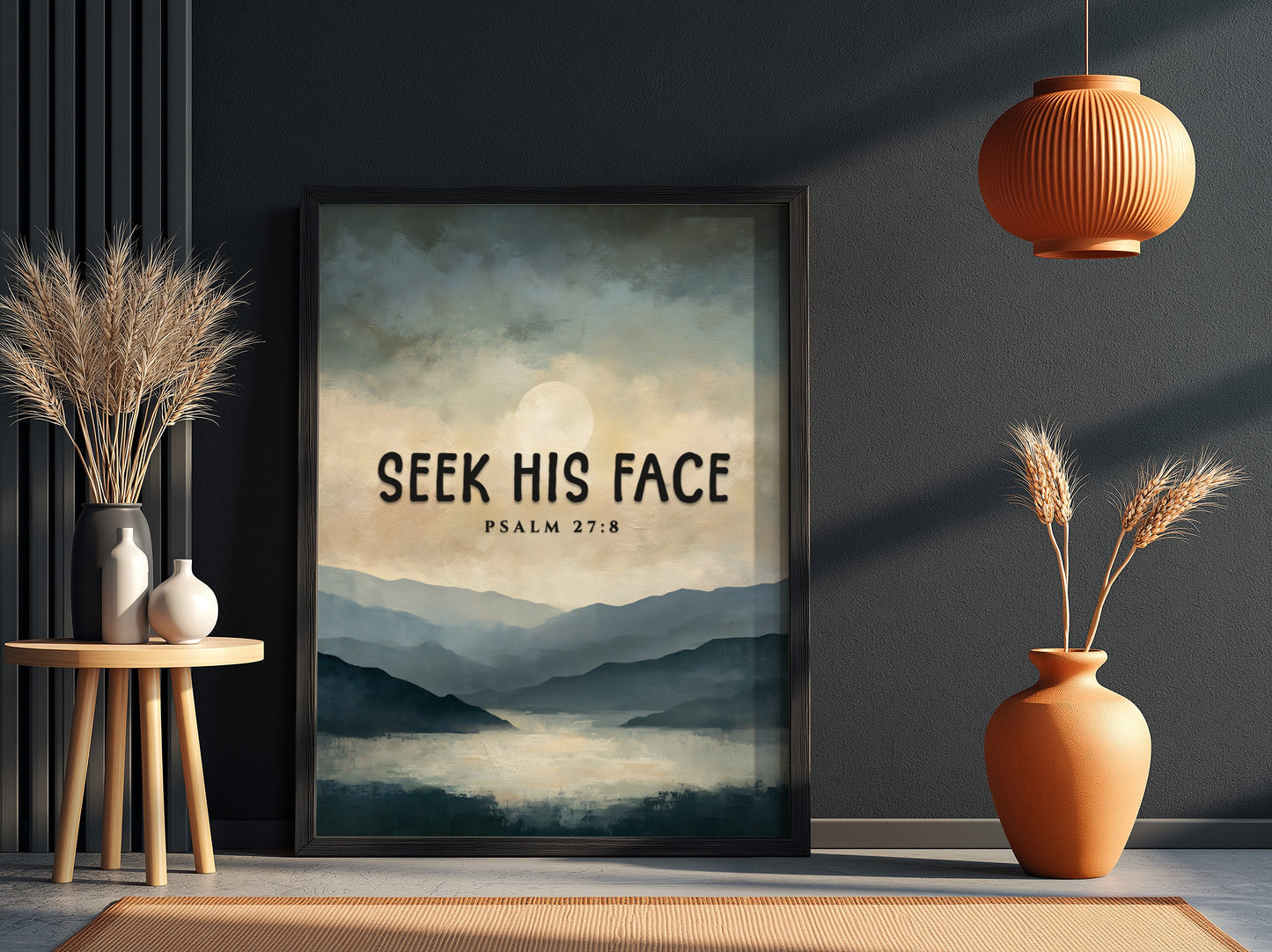 Seek His Face poster featuring a tranquil landscape in soft blue and gray tones with Psalm 27:8 for