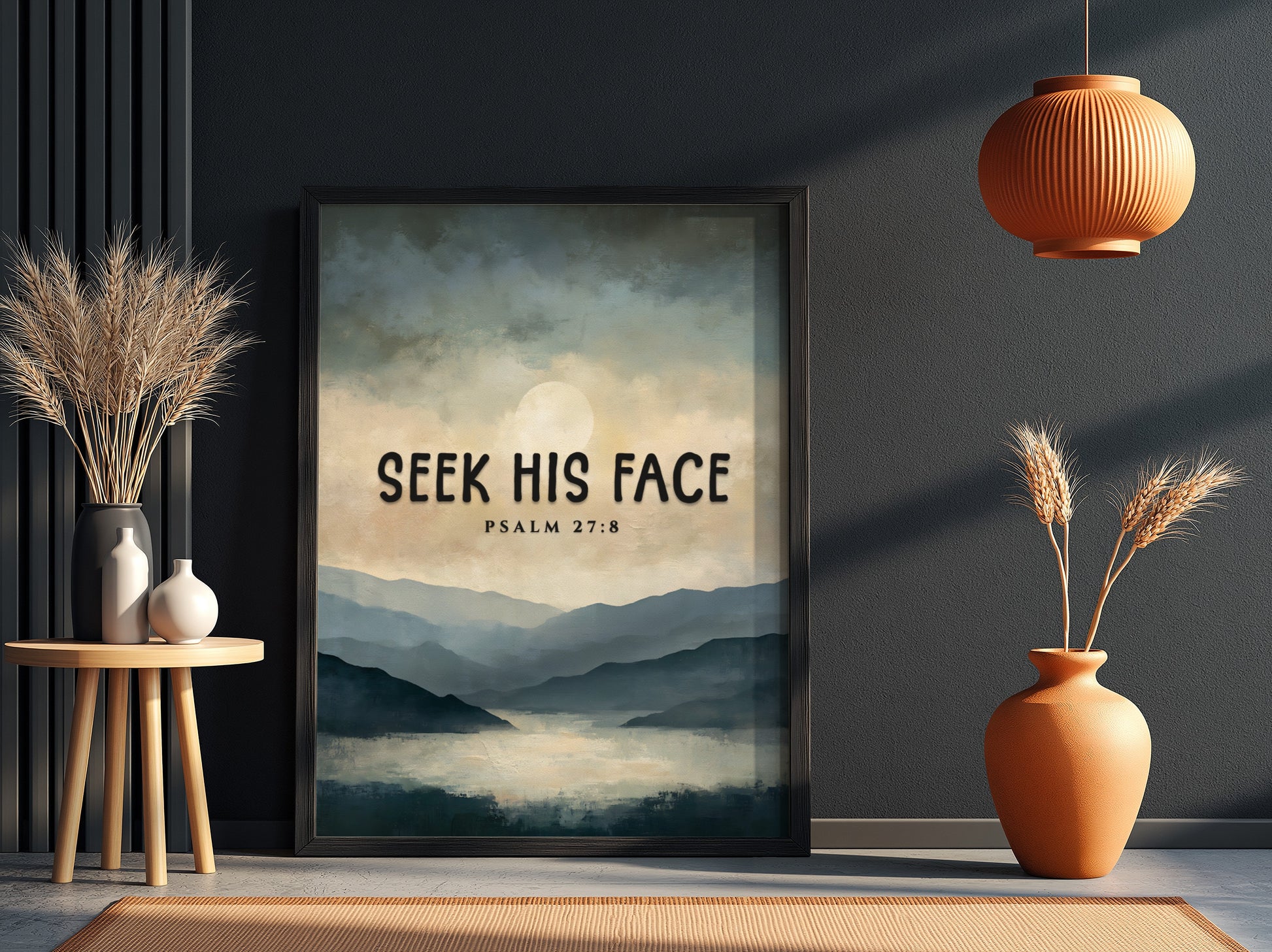 Seek His Face poster featuring a tranquil landscape in soft blue and gray tones with Psalm 27:8 for
