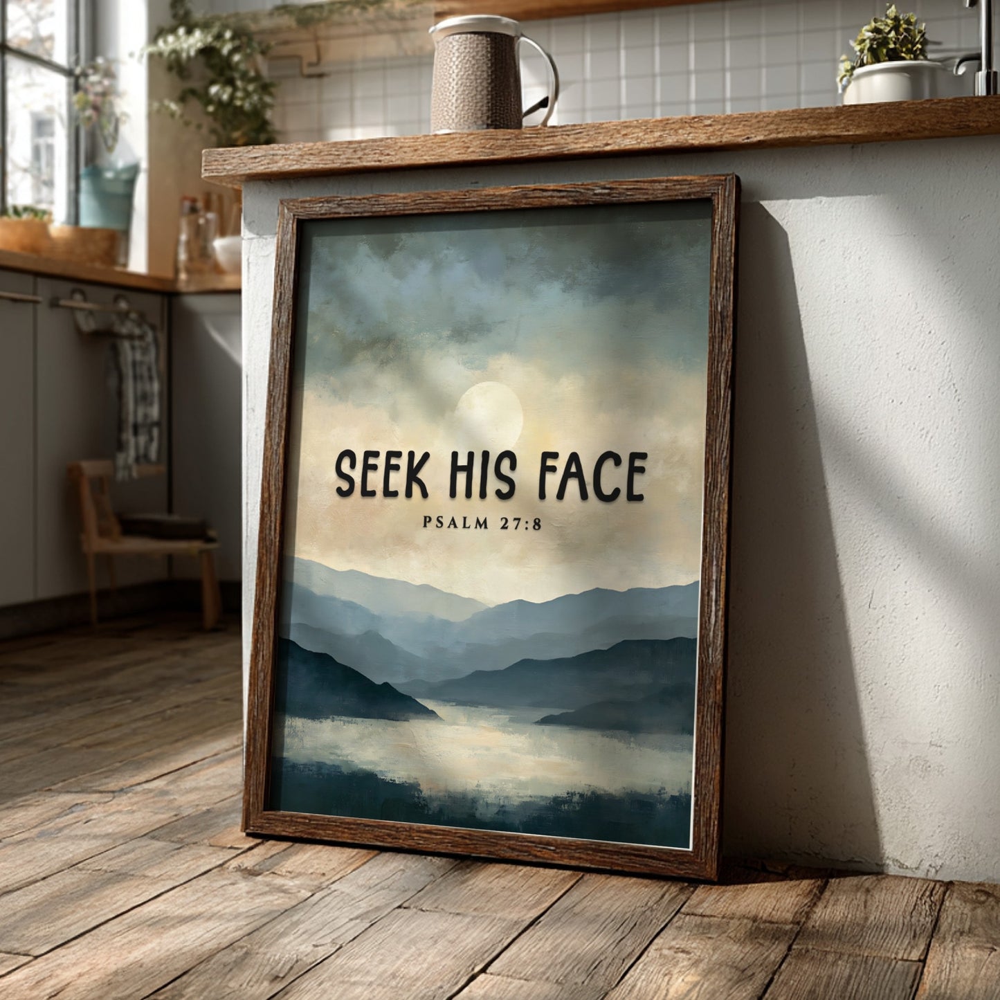 Seek His Face poster featuring a tranquil landscape in soft blue and gray tones with Psalm 27:8 for