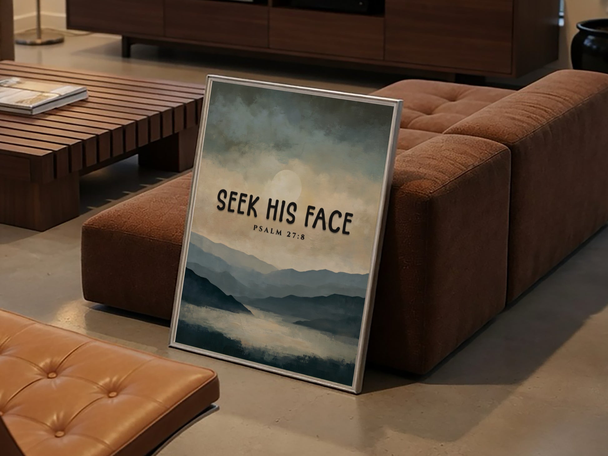 Seek His Face poster featuring a tranquil landscape in soft blue and gray tones with Psalm 27:8 for