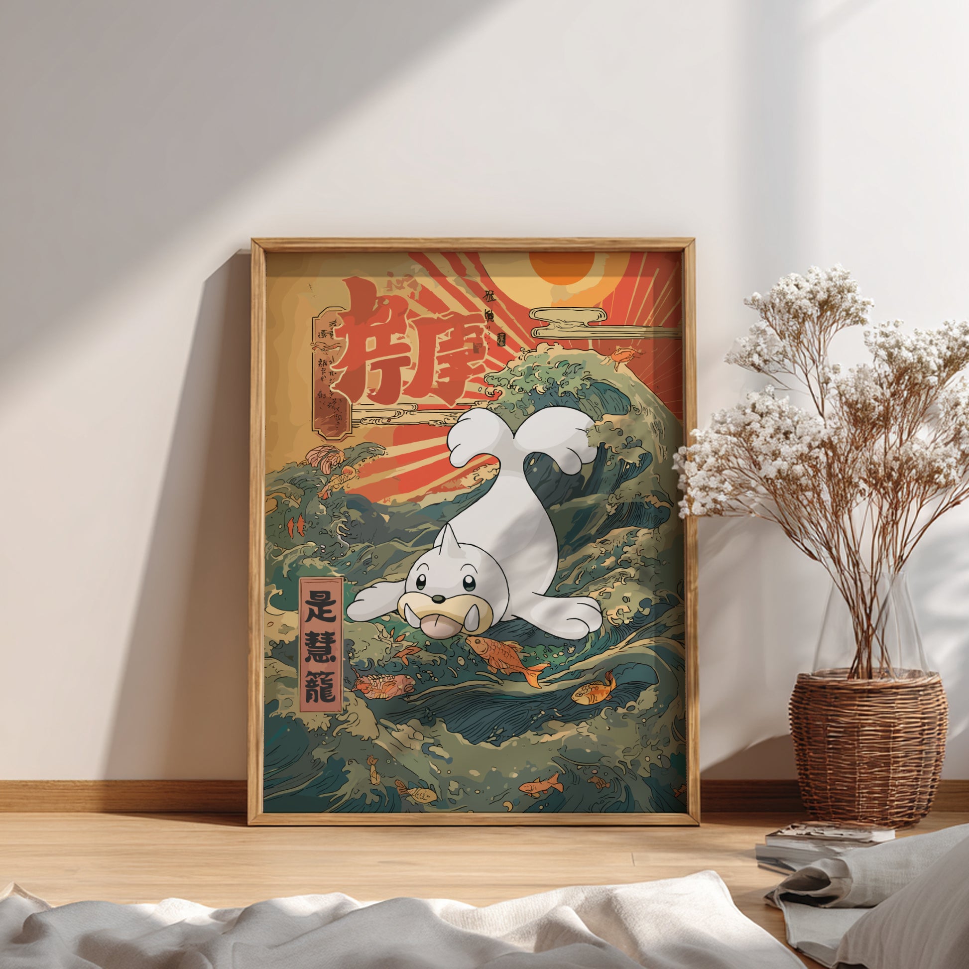 Framed artwork of Seel Pokemon in a dynamic pose with Japanese text on a wall.