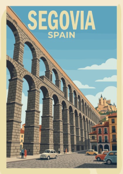 Poster featuring the Roman aqueduct of Segovia Spain with retro cars on street