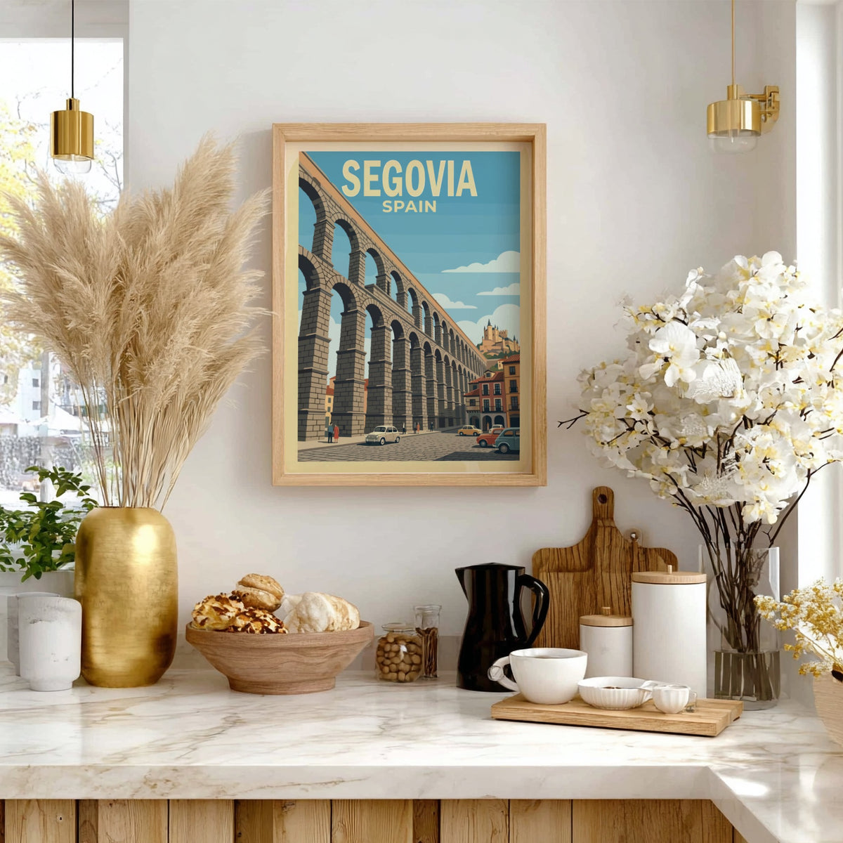Poster featuring the Roman aqueduct of Segovia Spain with retro cars on street