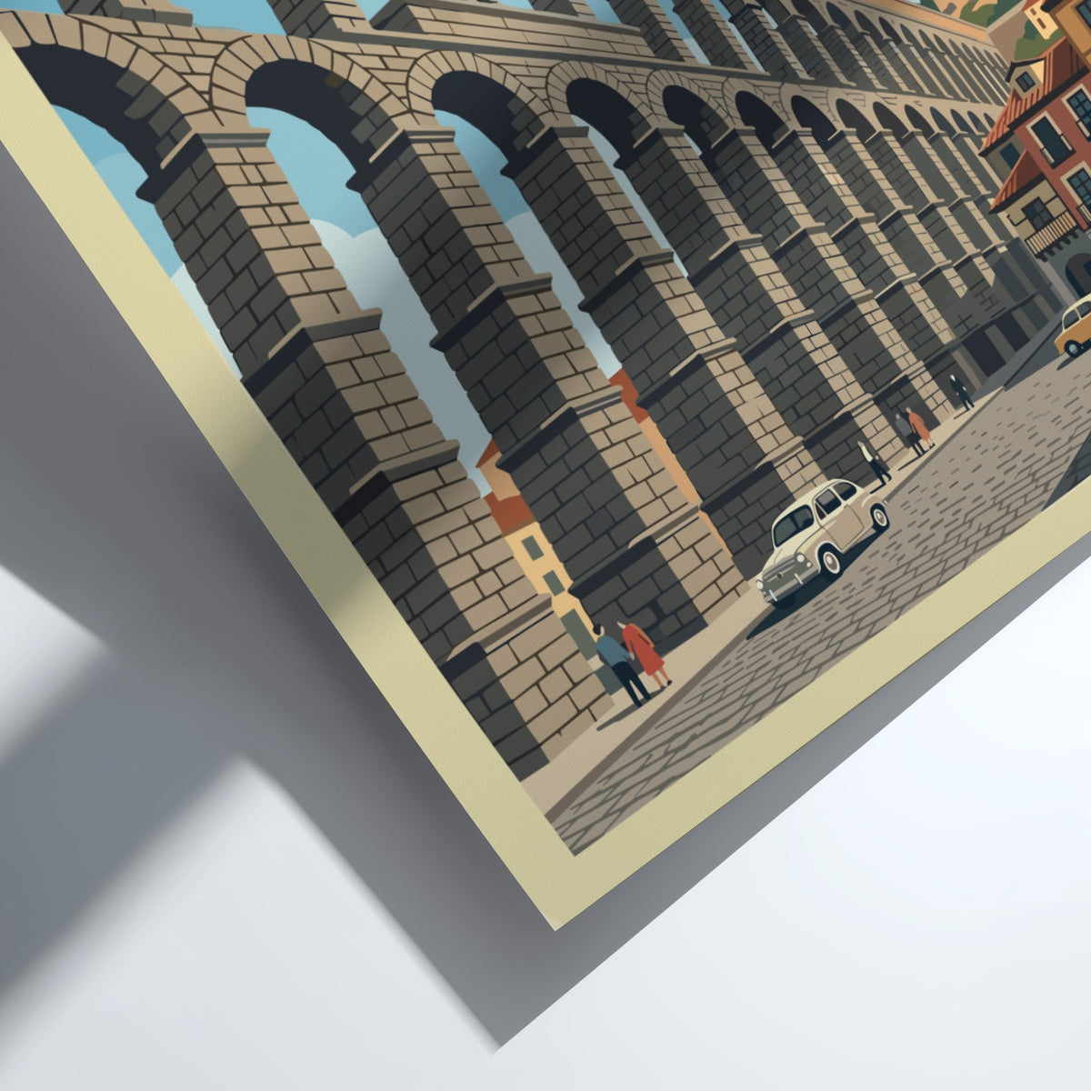 Poster featuring the Roman aqueduct of Segovia Spain with retro cars on street