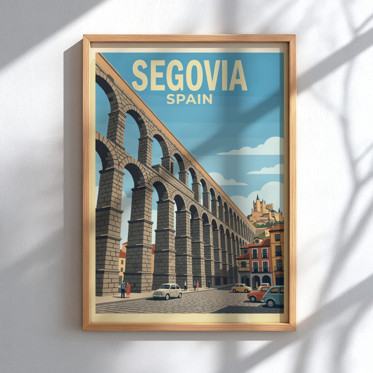 Poster featuring the Roman aqueduct of Segovia Spain with retro cars on street