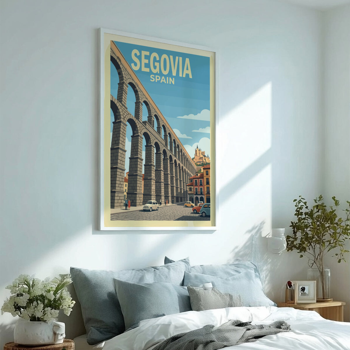 Poster featuring the Roman aqueduct of Segovia Spain with retro cars on street