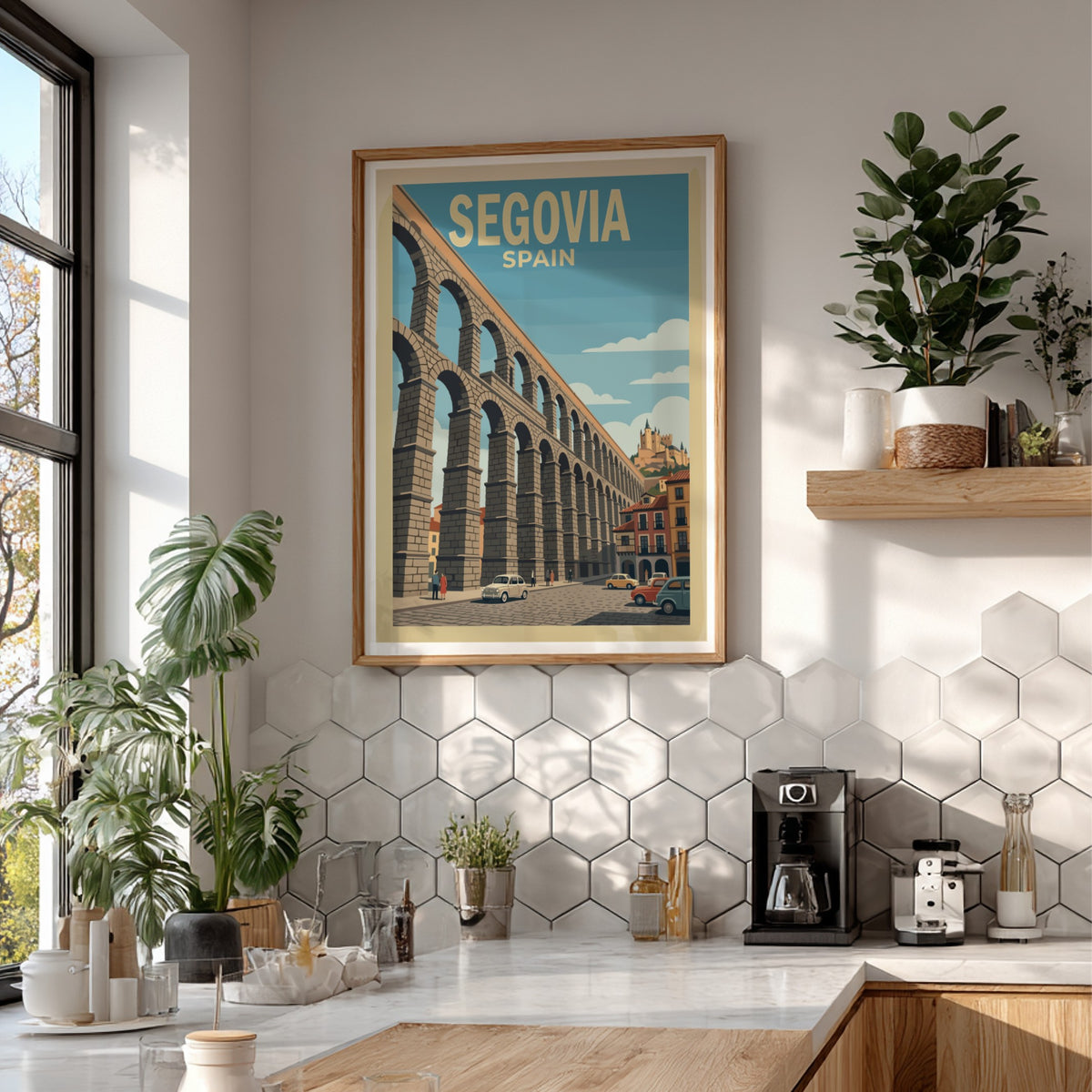 Poster featuring the Roman aqueduct of Segovia Spain with retro cars on street