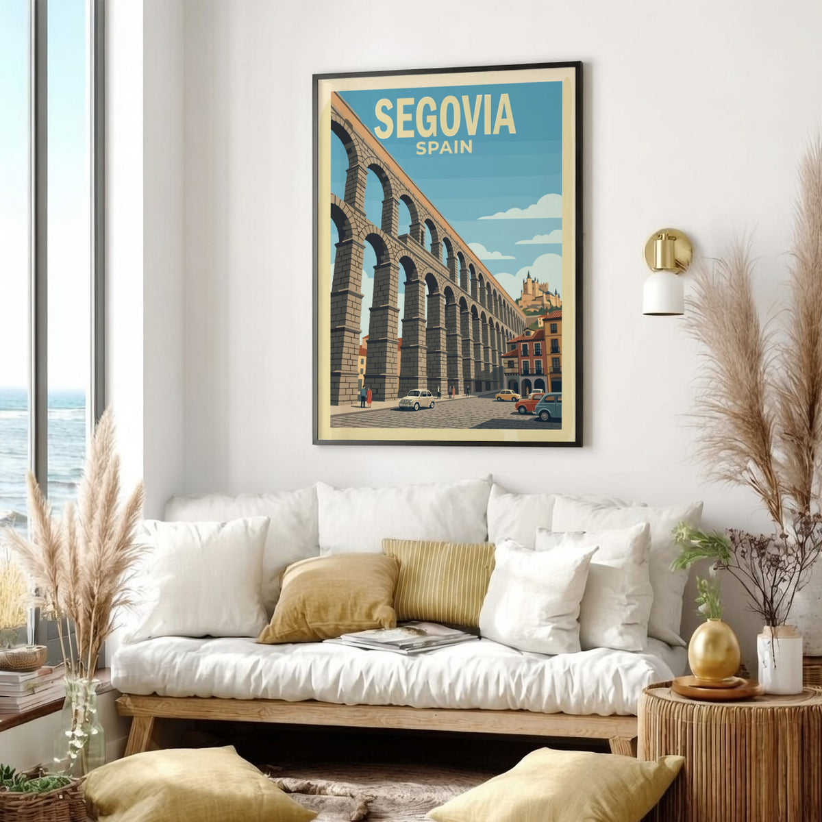 Poster featuring the Roman aqueduct of Segovia Spain with retro cars on street