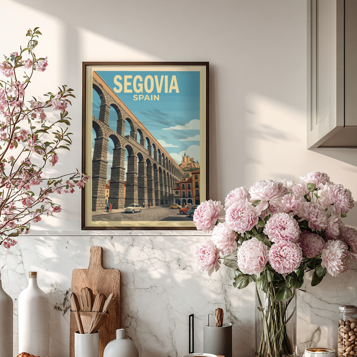 Poster featuring the Roman aqueduct of Segovia Spain with retro cars on street