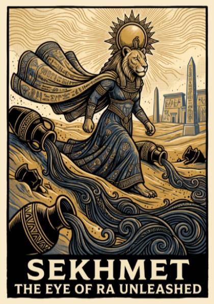 Poster of Sekhmet the lioness goddess with hieroglyphics and desert imagery in gold