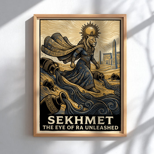 Poster of Sekhmet the lioness goddess with hieroglyphics and desert imagery in gold
